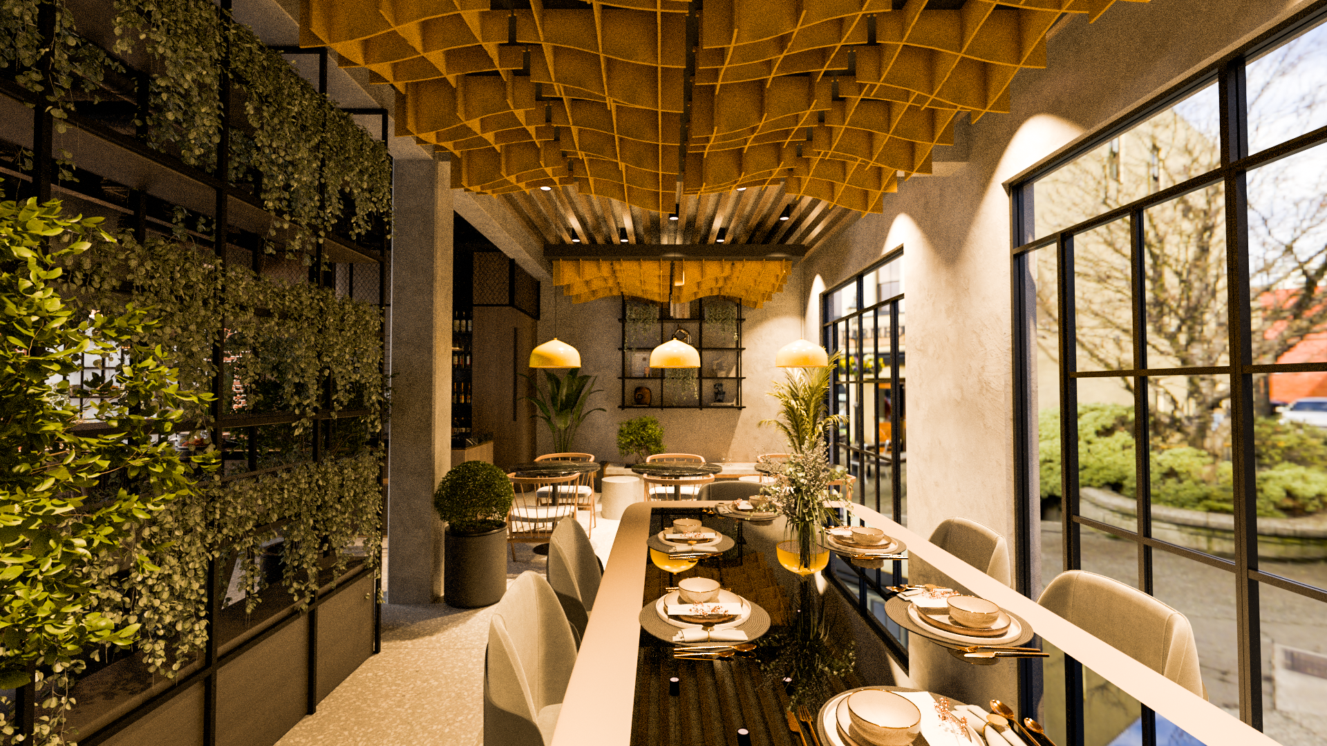 Executive boardroom with geometric ceiling lighting, wood-paneled walls, and a long conference table