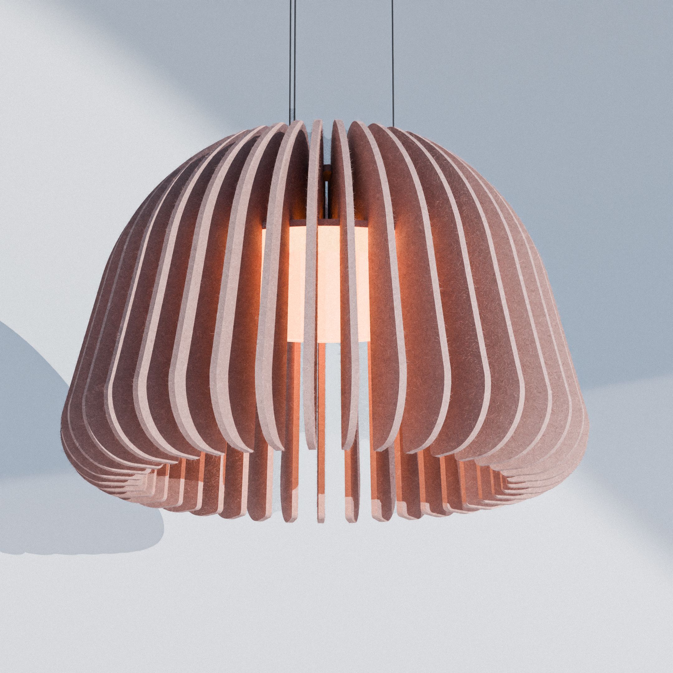 Slatted PET acoustic pendant light in warm terracotta finish