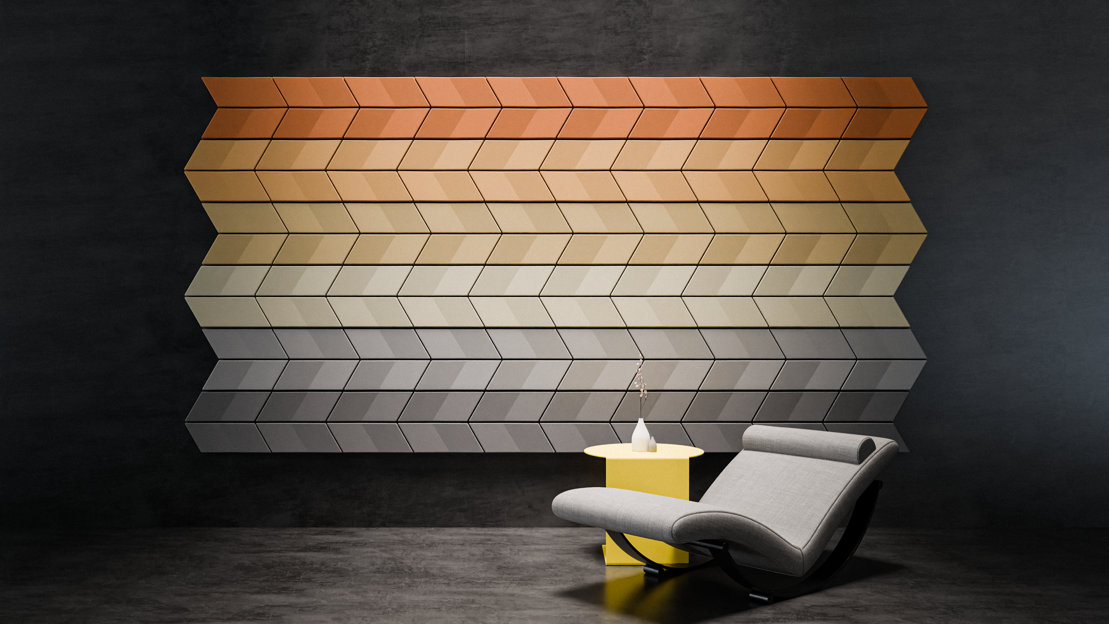 Luxury lounge interior with geometric acoustic ceiling panels and integrated lighting