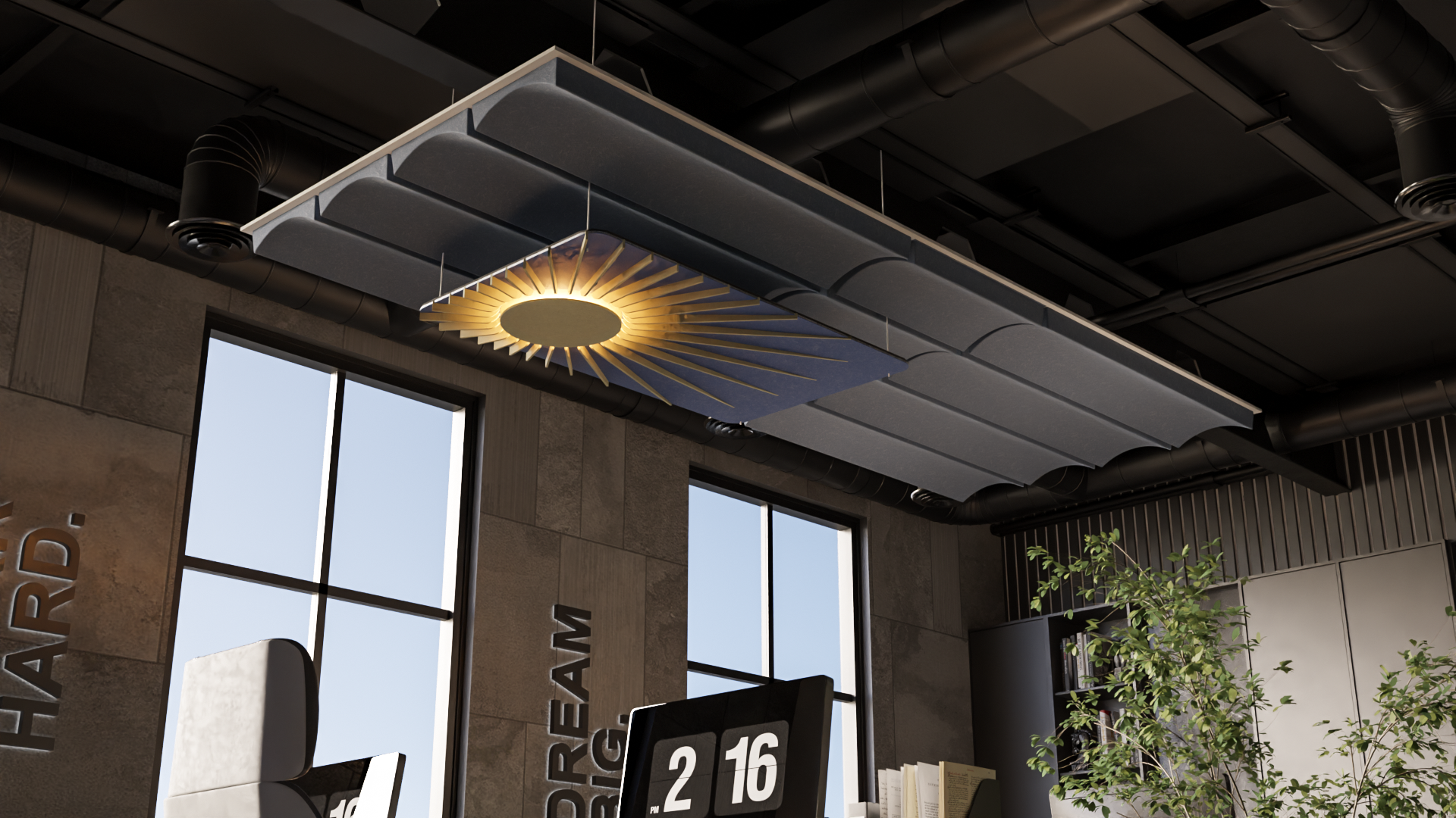 Modern office interior with suspended wave-textured acoustic ceiling and integrated lighting