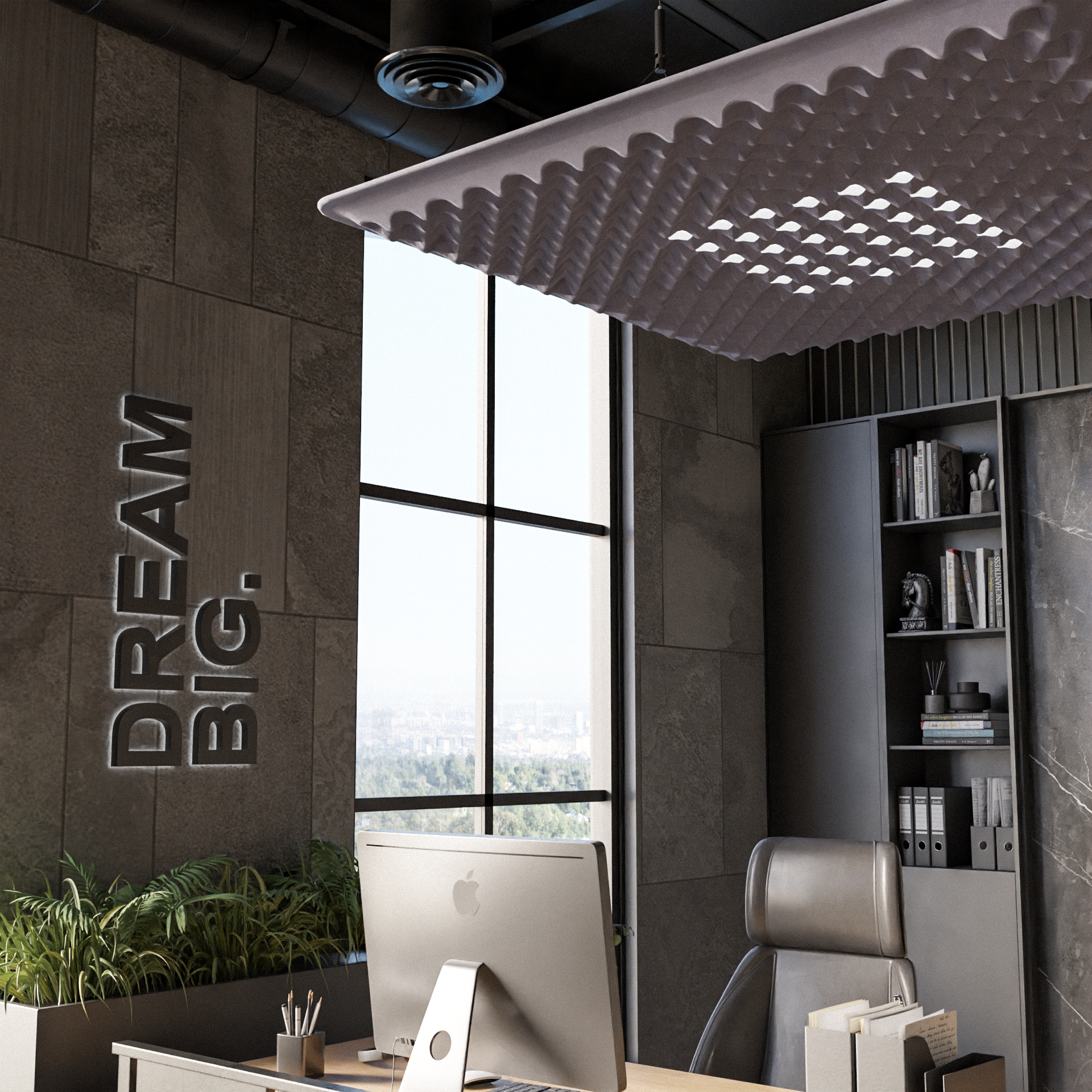 Industrial office with scalloped acoustic ceiling panel and radial architectural lighting