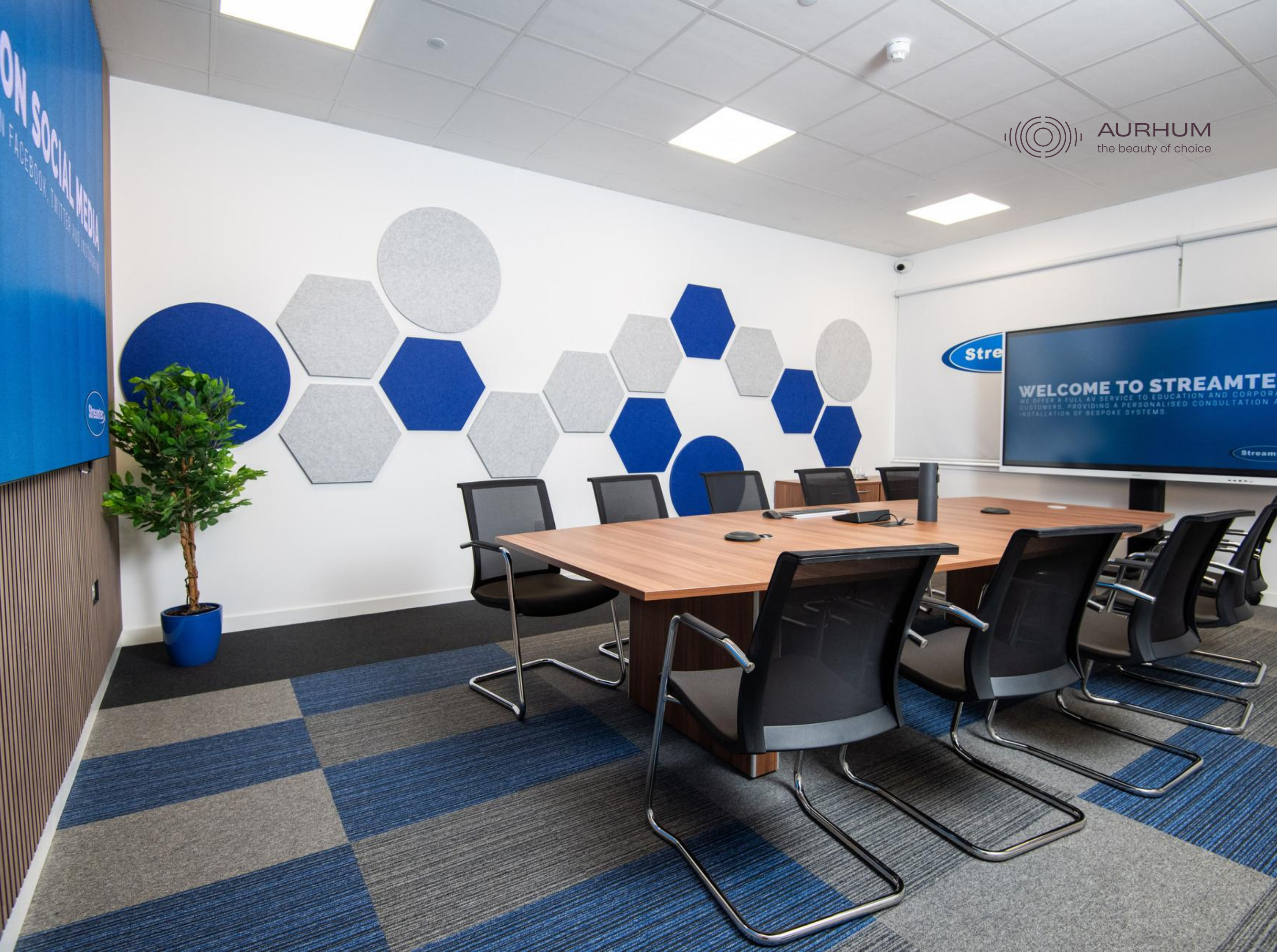 Meeting room with acoustic panels for improved sound clarity
