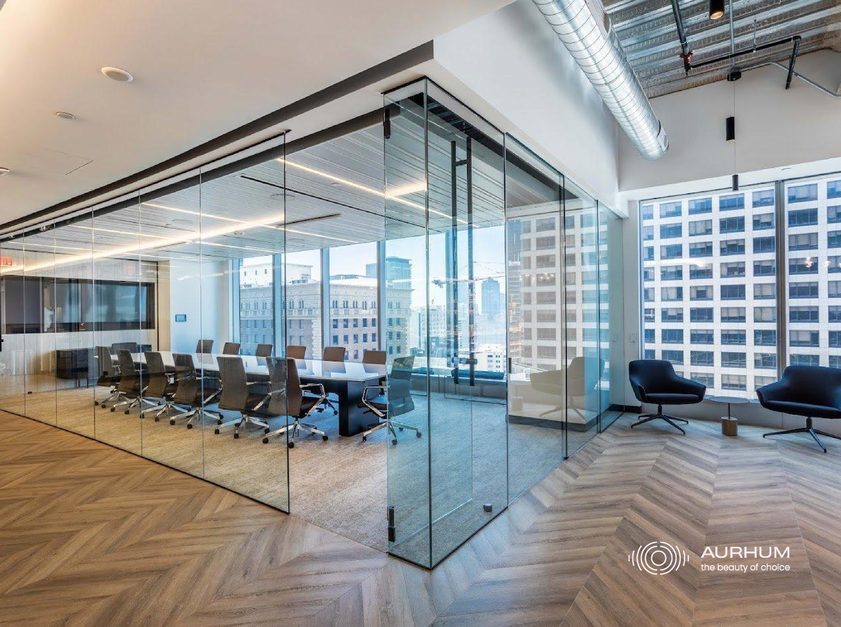 Modern office meeting room featuring decorative acoustic wall panels