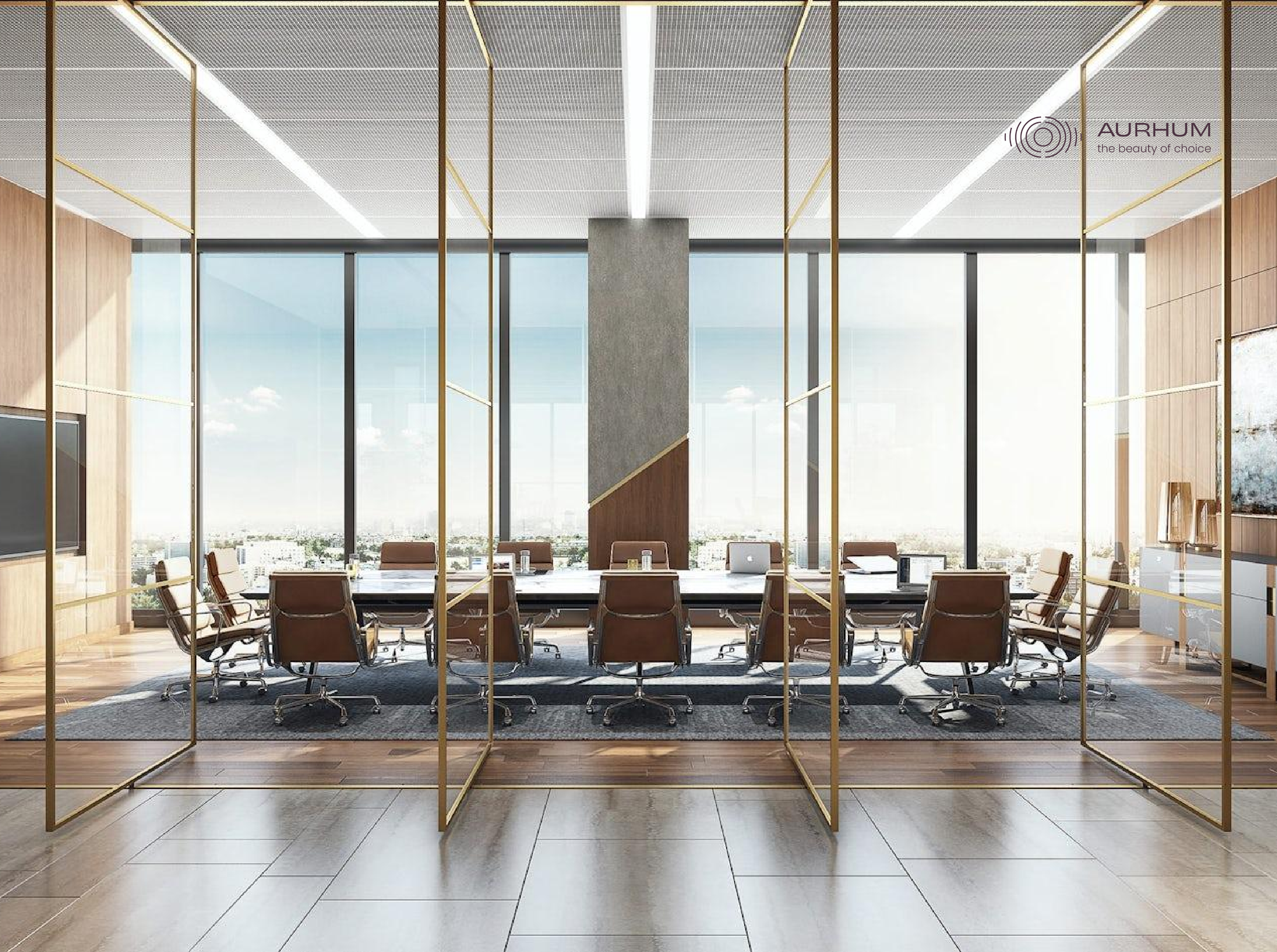 Sound-absorbing acoustic panels on meeting room walls